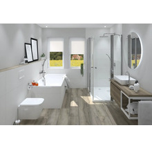 Salle de bains lumineuse avec baignoire, douche, lavabo et toilettes dans un style moderne.