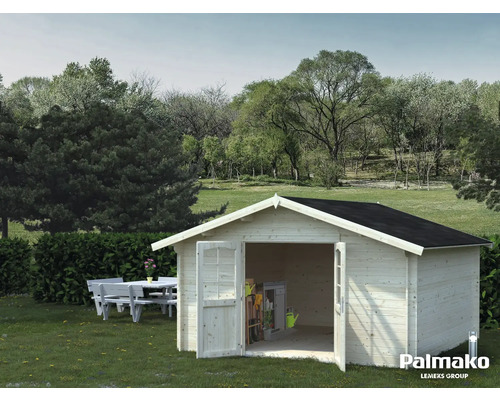Abri de jardin Palmako Lotta 13,9 m² 422 x 430 cm imprégné par immersion Scène de jardin avec cabanon en bois avec portes ouvertes et ensemble table de jardin