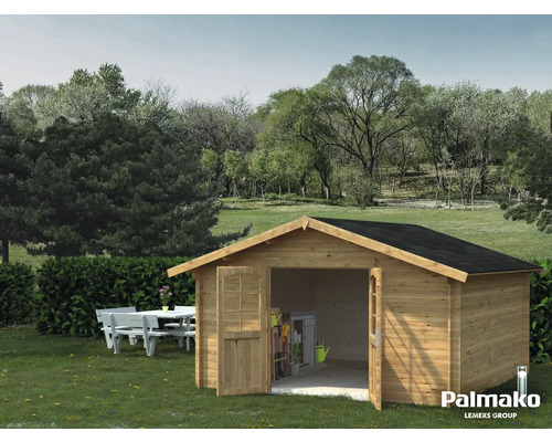 Abri de jardin Palmako Lotta 13,9 m² 422 x 430 cm imprégné par immersion marron Abri de jardin en bois avec portes ouvertes dans le jardin