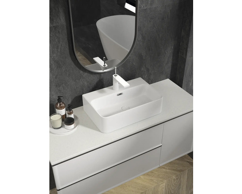 Meuble-lavabo de salle de bain avec vasque à poser, robinet, miroir et meuble sous-vasque