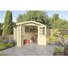 Scène de jardin avec abri de jardin en bois ouvert, étagères, vélo, table et chaises