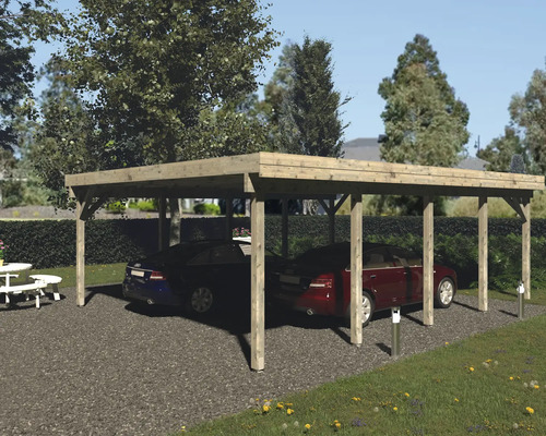 Double carport en bois avec deux voitures garées