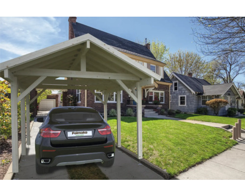 Carport aus Holz mit geparktem Auto im Hintergrund