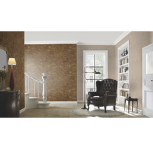 Salon avec papier peint marron, fauteuil et bibliothèque