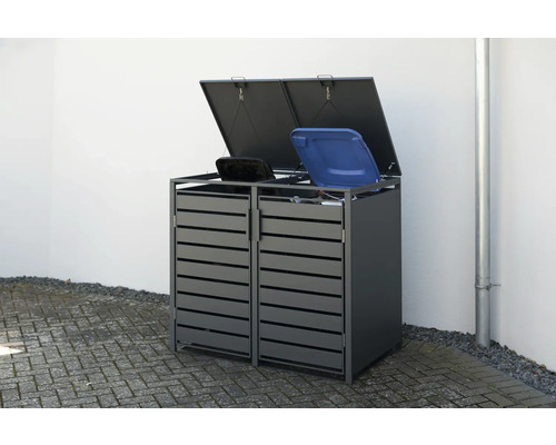 Mülltonnenbox für zwei Mülltonnen mit geöffneten Deckeln