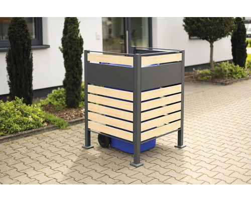 Cache-poubelle avec cadre gris et lattes en bois pour habiller les poubelles