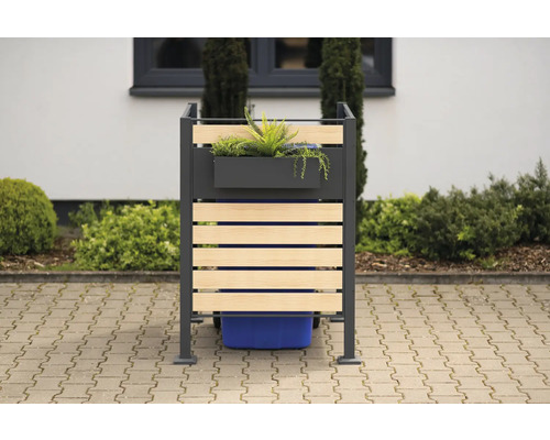 Cache-conteneur à ordures avec jardinière et revêtement en bois