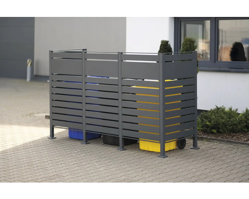 Cache-conteneurs avec trois poubelles à lattes métalliques