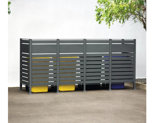 Cache-poubelles pour trois poubelles avec des barreaux horizontaux