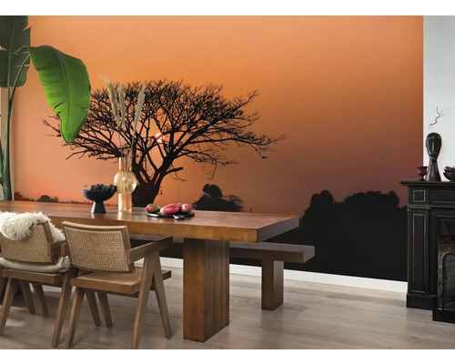 Salon avec papier peint photo représentant un arbre au coucher du soleil, une table à manger et des chaises