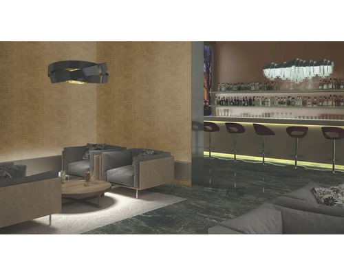 Scène avec coin salon et bar avec tabourets de bar