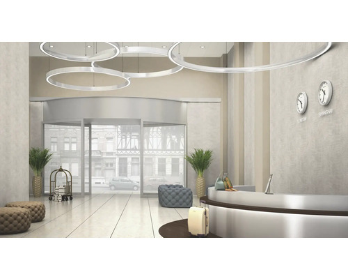 Hall d''entrée avec réception, chariot à bagages, porte tournante et lampes annulaires