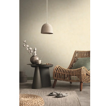 Salon avec fauteuil en rotin, table d''appoint et suspension