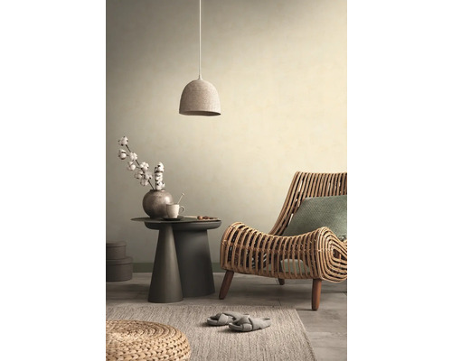Salon avec fauteuil en rotin, table d''appoint et suspension