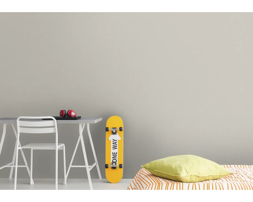 Jugendzimmer mit Schreibtisch, Stuhl, Skateboard und Bett