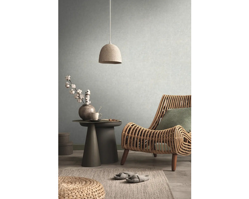 Salon avec fauteuil en rotin, table d''appoint, plante d''intérieur et suspension pour une atmosphère chaleureuse