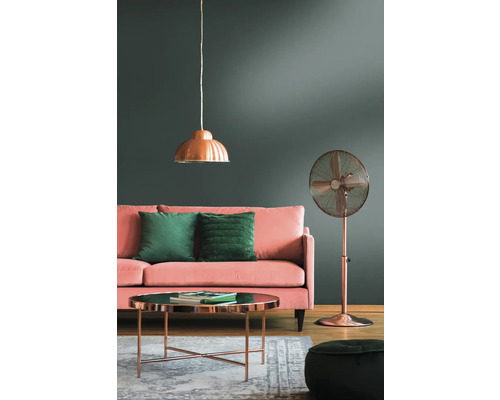 Salon avec canapé, coussins, table, ventilateur sur pied et suspension