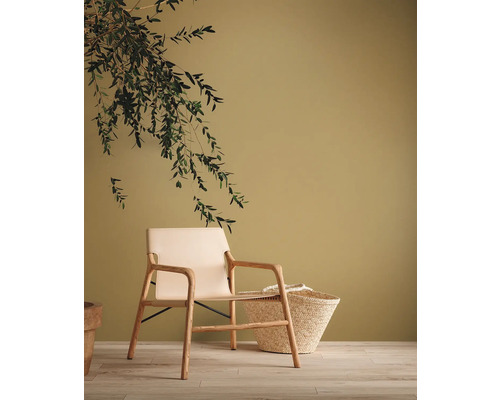 Pièce lumineuse avec chaise en bois, peinture murale et panier