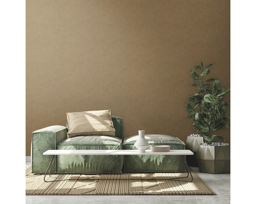 Salon avec canapé modulable, table basse, plante d''intérieur et tapis