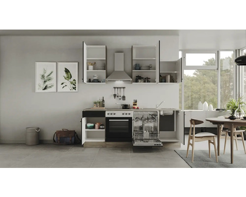 Moderne Küche mit Küchenschränken, Geschirrspüler, Herd und Dunstabzugshaube in einem hellen Raum.