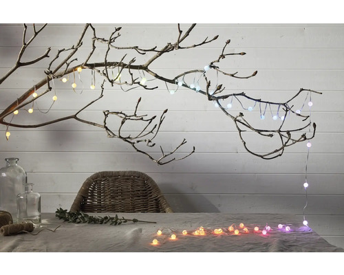 Dekorative Szene mit Zweigen und einer Lichterkette mit kugelförmigen Lampen auf einem Tisch.