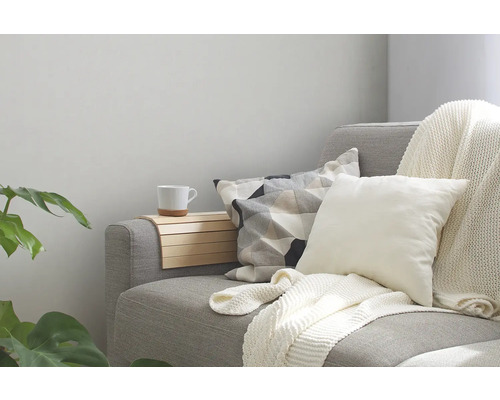 Canapé gris avec coussins, couverture et table en bois