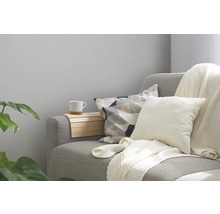 Coin salon confortable avec canapé, coussins, couverture et étagère