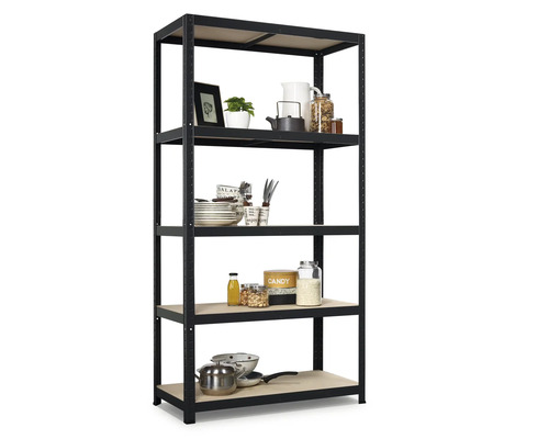 Schwarzes Regal mit fünf Regalböden zur Lagerung von Gegenständen