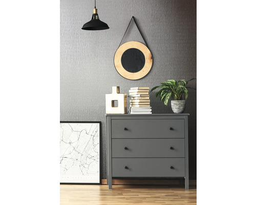 Commode grise à trois tiroirs, lampe, miroir, décorations et plantes dans une pièce