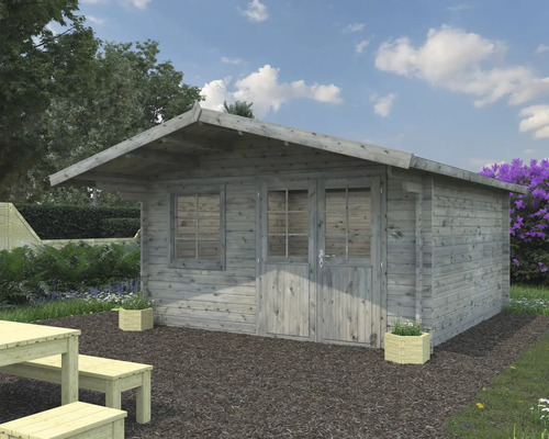 Abri de jardin Palmako Britta 14,6 m² 454 x 540 cm imprégné par immersion gris Abri de jardin en bois gris avec fenêtre et double porte