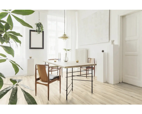 Heller Essbereich mit Holztisch, Stühlen und Holzboden