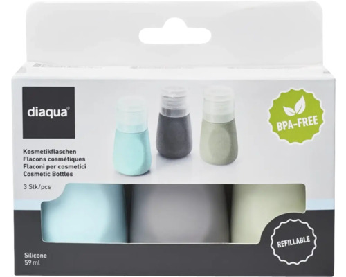 Lot de flacons cosmétiques Diaqua, trois pièces, en silicone, cinquante-neuf millilitres, sans BPA et rechargeables