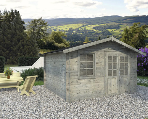 Abri de jardin Palmako Klara 10,4 m² 424 x 350 cm apprêté par immersion gris Jardin avec cabanon en bois, fenêtre et double porte