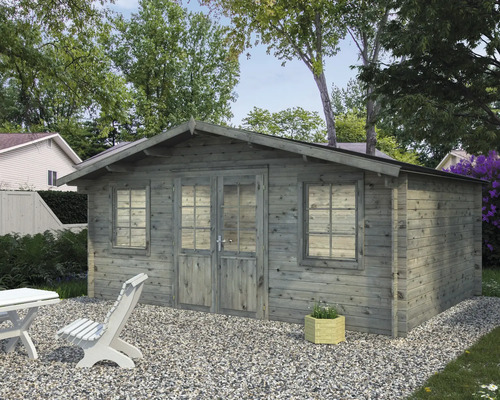 Abri de jardin Palmako Klara 17,0 m² 518 x 420 cm imprégné par immersion gris Abri de jardin en bois avec fenêtres et double porte dans le jardin