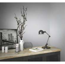 Composition décorative de nature morte sur un buffet avec une photographie en noir et blanc, des vases, une plante, un livre et une lampe de bureau.