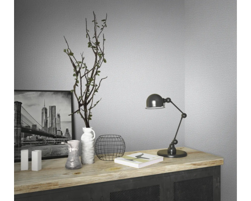 Dekorative Stillleben-Komposition auf einem Sideboard mit einer Schwarz-Weiss-Fotografie, Vasen, einer Pflanze, einer Buch- und einer Schreibtischlampe.