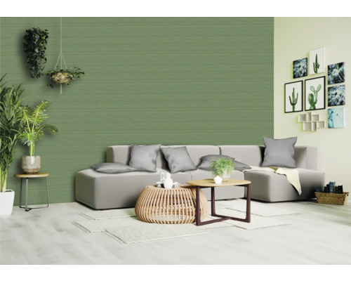 Salon avec canapé, table et plantes d''intérieur devant un papier peint structuré