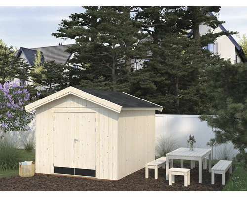 Gartenhaus Palmako Martin inkl. Fussboden und Trittschutz 313 x 396 cm natur Gartenhaus aus Holz mit schwarzem Dach, Tisch und Bänken
