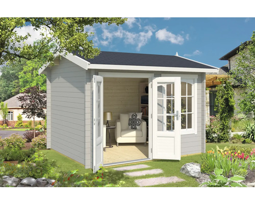 Abri de jardin Outdoor Life Alex avec plancher 340 x 308,3 cm gris clair Abri de jardin avec double porte ouverte et mobilier de jardin