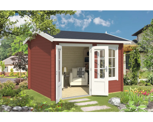 Abri de jardin Outdoor Life Alex avec plancher 340 x 308.3 cm rouge de Falun Abri de jardin en bois avec portes doubles ouvertes, mobilier de jardin et livres à l''intérieur
