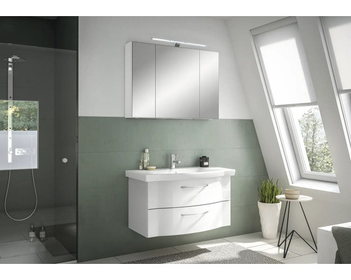 Modernes Badezimmer mit Waschbeckenunterschrank, Spiegelschrank und Dusche