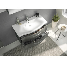 Salle de bain avec meuble sous-vasque avec système de tiroirs ouverts