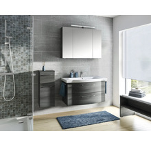 Modernes Badezimmer mit Waschbeckenunterschrank, Spiegelschrank, Hochschrank und Dusche