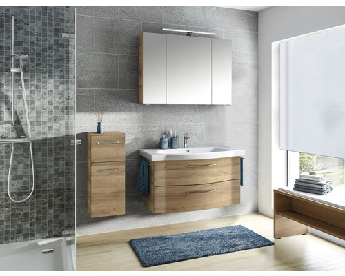 Salle de bains avec meuble sous-lavabo, armoire de toilette, armoire haute, douche et fenêtre