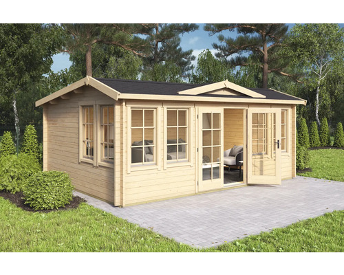 Gartenhaus Outdoor Life Balmoral 44 inkl. Fussboden 570 x 421,3 cm natur Gartenhaus aus Holz mit Fenstern und Doppeltür auf Terrasse