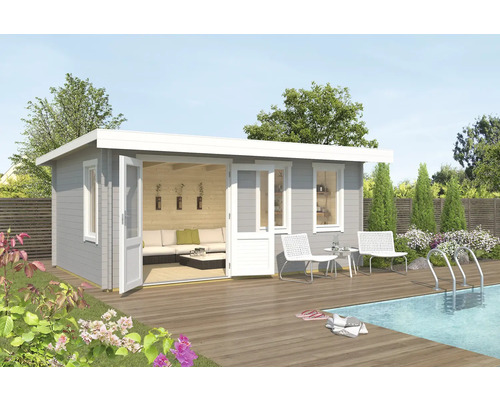 Gartenhaus Outdoor Life Baruda 53 inkl. Fussboden 570 x 415 cm lichtgrau Gartenhaus mit Terrasse und Pool im Aussenbereich