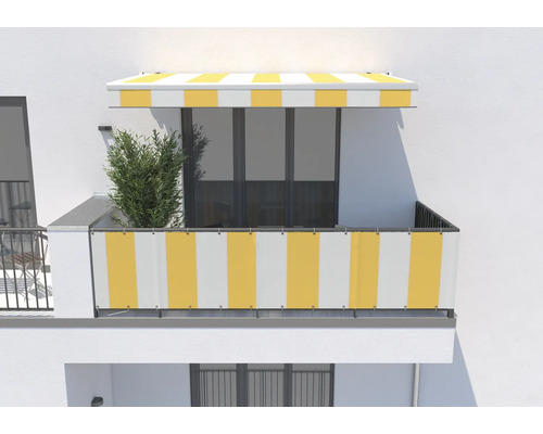 Balkon mit Sichtschutz und Markise im Streifenmuster
