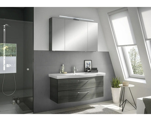 Salle de bains avec meuble sous-lavabo, armoire de toilette et douche