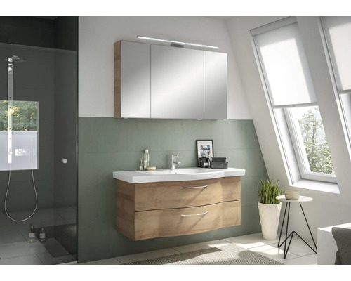 Salle de bain avec meuble sous-lavabo, armoire de toilette et douche