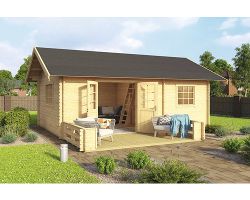 Gartenhaus aus Holz mit Terrasse und Gartenmöbeln